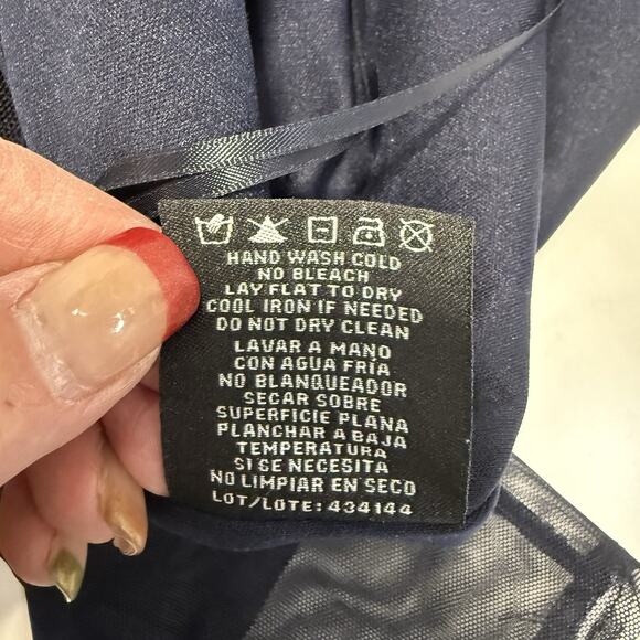 R&M Richards Ruffled Illusion Formal Jumpsuit Size 14P Petite Navy Mesh Sleeve - Picture 11 of 12